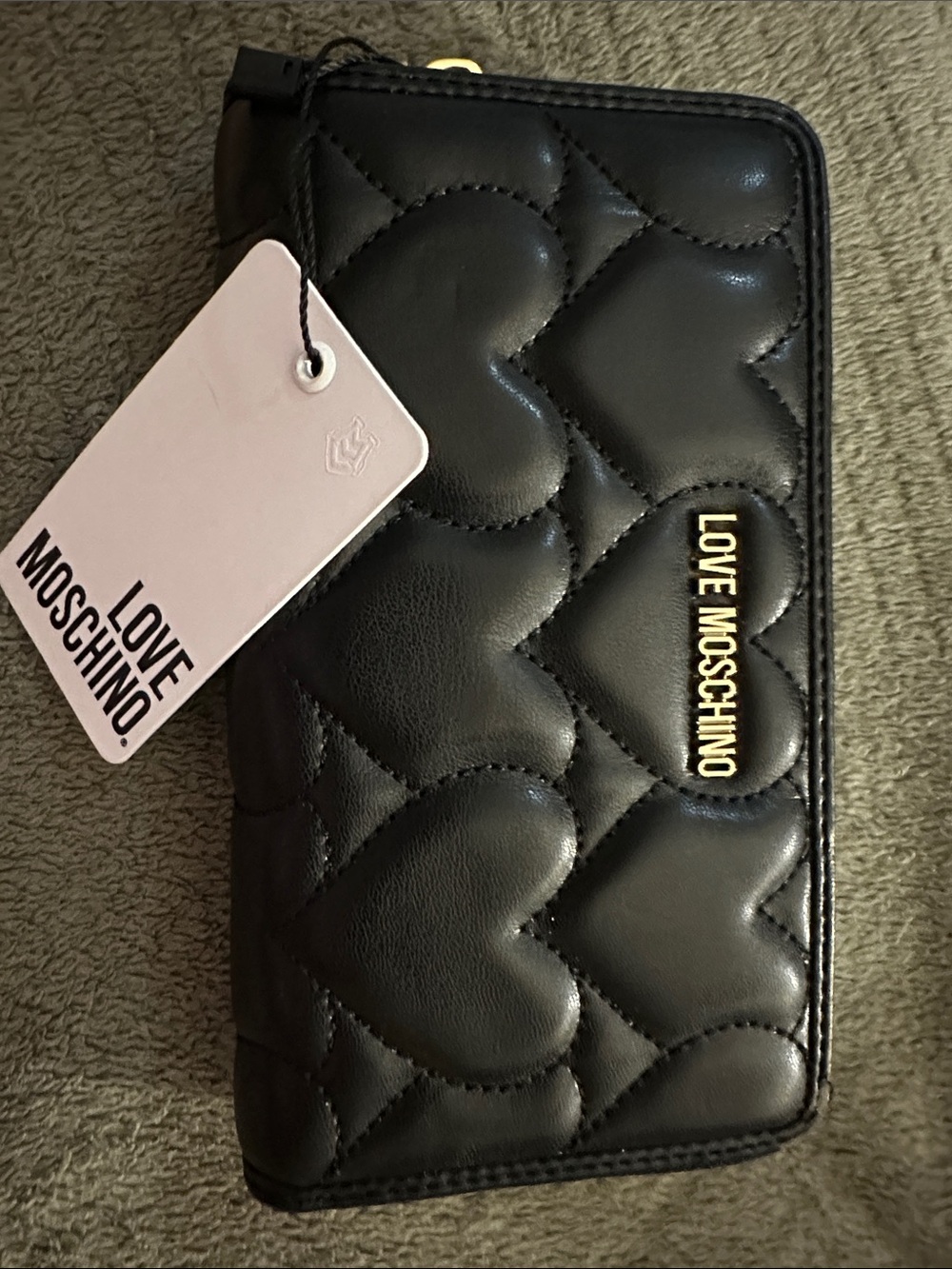 Love Moschino Black Quilted Heart Zip-Around Wallet with Gold Logo